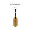An oval cork keyring with a black strap and metal ring, featuring a branding logo.