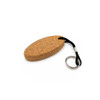 An oval cork keyring with a black cord and metal keyring attachment. The cork has a natural texture.