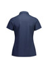A women's short sleeve polo in navy blue with a classic collar and a logo on the back.