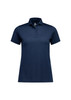A navy blue short sleeve polo shirt for women featuring a collar and a button placket. The shirt has a logo.