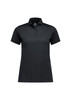 A short sleeve polo in black for women, featuring a classic collar and three-button placket. It has a logo on the chest.