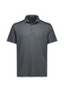 A grey short sleeve polo shirt with a collar and buttons, featuring a logo on the chest.