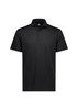 A black short sleeve polo shirt with a collar and button placket, featuring a logo on the upper side.