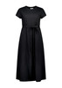 A black midi dress with a round neckline, short sleeves, and a tie belt at the waist. It has a minimalist design and a logo.