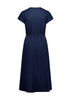 A navy midi dress with short sleeves and a belted waist, featuring a clean back design.