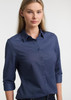 A navy long sleeve shirt for women featuring a button-up front and rolled sleeves, with a logo present.