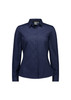 A women's long sleeve button-up shirt in navy blue with a fitted design and a logo on the chest.