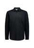 A black long sleeve button-up shirt with a collar and a single logo on the chest.