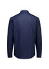 A navy long sleeve button-up shirt with a classic collar and button cuffs, featuring a logo on the back.