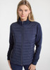 A women's tailor jacket in navy, featuring a zip front and a combination of padded and smooth fabric.