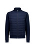 A navy tailor jacket featuring a quilted front and a smooth zip-up design with two side pockets.