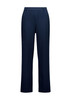 A pair of women's soft stretch pants in navy blue featuring a straight leg design. The garment has a logo.
