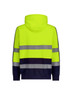A unisex hi-vis full zip hoodie in bright yellow with dark navy and reflective tape stripes on the back.