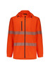 An orange packable rain jacket featuring reflective stripes and a hood. It includes a zippered front pocket.
