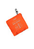 An orange packable rain jacket in a compact, square shape with a clip for attachment and a logo.