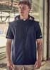 A navy unisex softshell jacket with a hood, featuring zip closure and short sleeves. It has a visible logo.
