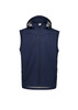 A navy unisex softshell jacket with a hood and zippered front, featuring side pockets and a branded logo.