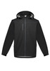 A black unisex softshell jacket with a hood, featuring zip pockets and a logo on the front.