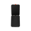 A black phone wallet with a hinged design features interior instructions for portrait and landscape modes.