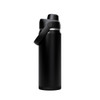 A drink bottle in matte black with a flip-top lid and handle, featuring a sleek design and branding.