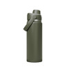 A drink bottle in olive green with a flip lid and a handle, featuring a logo on the surface.