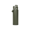 A drink bottle in an olive green colour, featuring a tight-fitting lid and a carry handle. It has a logo on the side.
