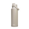 A drink bottle in a muted beige colour with a secure flip-top lid and a brand logo on the side.