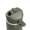 A drink bottle with a flip straw top, featuring an olive green body and a silver rim. It has a logo on the side.