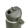 A drink bottle in olive green with a flip straw lid and a silver accent, featuring a branding logo.