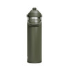 A drink bottle in olive green with a grey lid and a carry handle, featuring a logo.