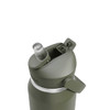 A drink bottle in olive green, featuring a flip straw and a secured lid with a spout; includes a logo.