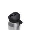 A drink bottle with a stainless steel body and a black flip straw lid, featuring an attached handle.