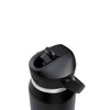 A drink bottle with a black finish and a flip straw lid, featuring a silver band and a logo.