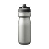 A drink bottle in stainless steel with a black top, featuring a branded logo and an insulated design.