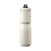 A drink bottle in matte white with a black cap and a slim, ergonomic design. It features a logo on the side.