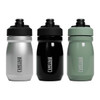 A drink bottle in silver, black, and green with a secure lid and a branding logo.
