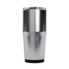 A drink bottle with a silver and black design, featuring a tapered shape and a transparent lid.