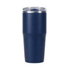 A drink bottle with a navy blue exterior and a clear lid, featuring a logo. Ideal for travel and outdoor use.