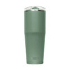 A drink bottle in a matte green finish with a transparent lid and a branded base.