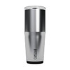 A drink bottle featuring a silver body with a black base, topped with a clear lid and a brand logo.