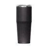 A drink bottle in matte black finish with a clear lid and a sleek, tapered design, featuring a logo.