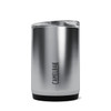 A drink bottle featuring a sleek, stainless steel finish with a solid black base and a clear lid. It has a logo.