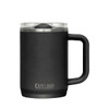 A drink bottle in matte black with a handle and a transparent lid, featuring a logo.