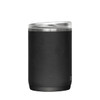 A drink bottle featuring a black stainless steel body and a clear lid, with a silver rim detail.