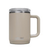 A drink bottle in a matte beige colour with a clear lid, featuring a sturdy handle and a logo.
