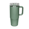 A drink bottle in muted green with a clear lid and a handle, featuring a logo on the base.
