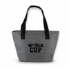 A grey tote bag with black handles and a logo featuring the words "WORLD CUP".