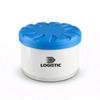 A round air freshener container with a blue lid and white base, featuring a logo on the front.
