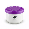 A round container with a purple lid and a white base, featuring a logo on the side.