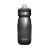 A drink bottle in grey with a dotted grip pattern and a cap, featuring a branding logo.